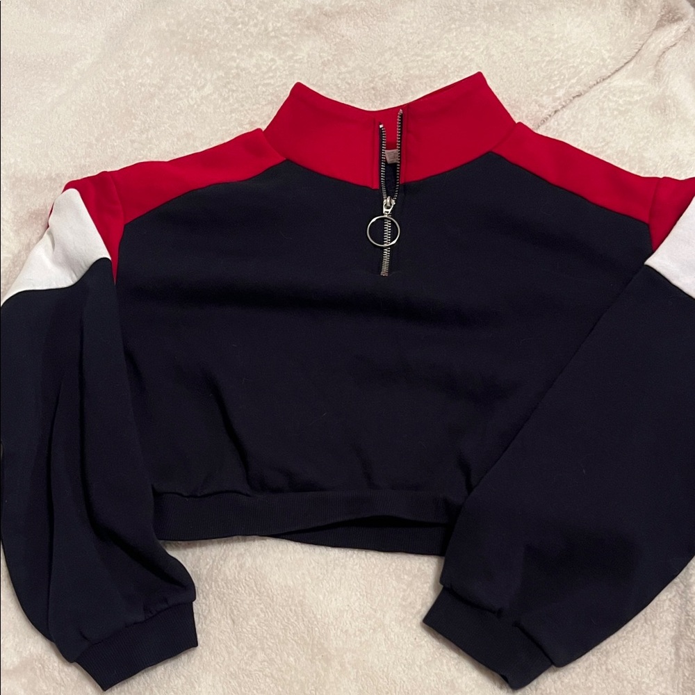 Red white snd Blue Colorblock front Zip-Up Crop Women's Top S